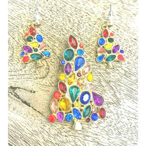 NEW Christmas Tree Brooch Pierced Earrings Set Holiday Festive Colorful Jewelry